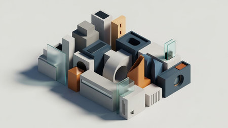An isometric arrangement of abstract geometric shapes and forms in neutral tones with clear glass elements, creating a modern composition.の素材