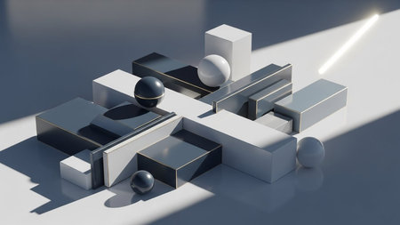 A minimalist 3D composition of metallic grey and white geometric blocks and spheres arranged on a white surface with dramatic lighting.の素材