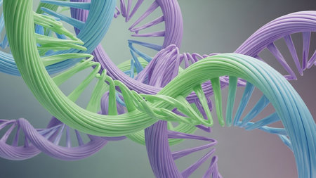 Abstract showing intertwined dna strands in pastel purple, green, and blue hues keywords: dna, double helix, genetics, biology, science,...の素材
