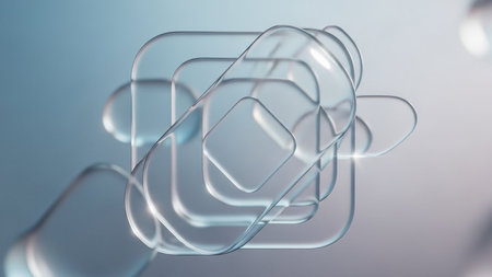 Lighting showing layered transparent rounded square shapes with soft lighting and a gradient background. High resolution image suitable for...の素材