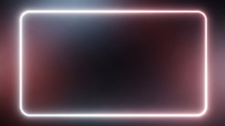 A glowing neon rectangle frame with soft red and blue hues on a dark, subtly blurred background, perfect for digital design.の素材