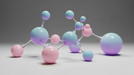 A 3D abstract representation of a molecular structure with colorful spheres connected by rods against a gradient background.の素材