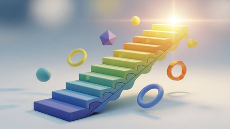 Abstract showing colorful abstract staircase with floating geometric shapes keywords: abstract, staircase, geometric shapes, colorful, rainbow,...の素材