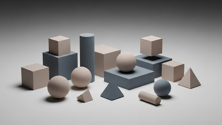 A still life arrangement of various geometric solid shapes including cubes, spheres, pyramids, and cylinders in muted beige and grey tones.の素材