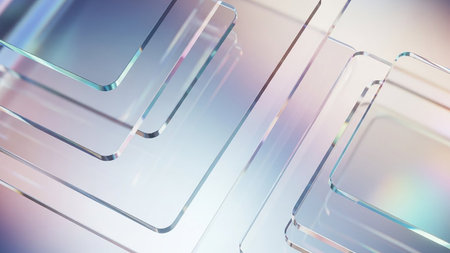 An abstract composition featuring multiple overlapping transparent glass rectangles with rounded corners, reflecting soft pastel and iridescent light.の素材