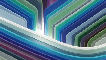 Abstract 3D render of layered geometric shapes in shades of blue, green, and purple with softly rounded edges, creating a dynamic pattern.の素材