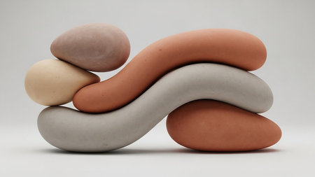 An abstract sculpture features smooth, curved, organic shapes in earthy tones, stacked and balanced in a harmonious composition.の素材