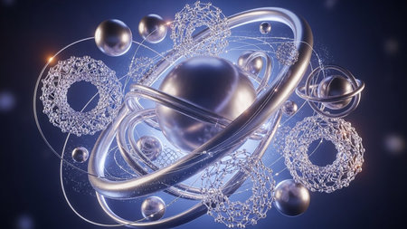 Abstract metallic spheres and intricate molecular structures orbit a central orb against a dark blue background with glowing lights.の素材