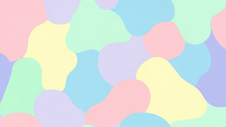 An abstract background composed of irregular organic shapes in soft pastel colors like pink, yellow, blue, green, and purple.の素材