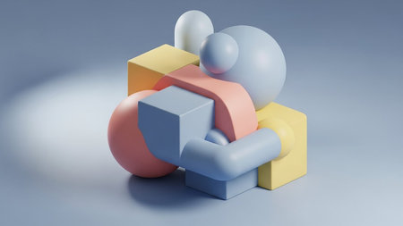 An abstract 3D composition features interlocking geometric shapes and spheres in pastel yellow, pink, blue, and white, creating a playful and...の素材