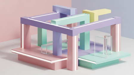 Abstract showing abstract geometric structure with pastel colors and integrated lighting. High resolution image suitable for commercial use.の素材