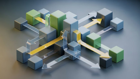 An abstract 3D visualization of interconnected cubes and arrows representing data flow, network connections, and strategic pathways.の素材