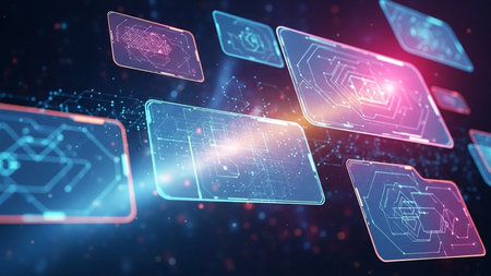 Glowing digital interfaces with intricate circuit patterns and data streams float in a dark, star-filled space with blue and pink hues.の素材