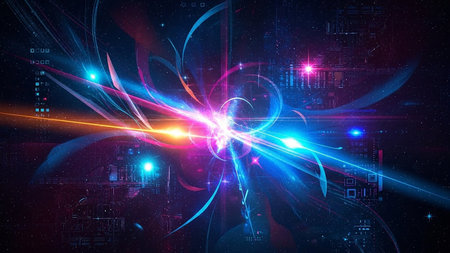 A vibrant, abstract explosion of neon light and energy with cosmic elements, featuring streaks of blue, pink, and orange.の素材