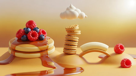 Cookies showing whimsical 3d render of pancakes with berries and syrup, cookies, banana, and whipped cream cloud. High resolution image suitable for...の素材
