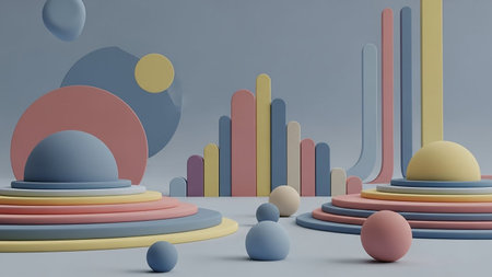 Arranged showing whimsical 3d render of pastel geometric shapes and spheres arranged in a playful composition keywords: abstract, 3d, render,...の素材