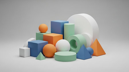 A collection of colorful 3D geometric shapes including cubes, spheres, cylinders, and pyramids are arranged together.の素材