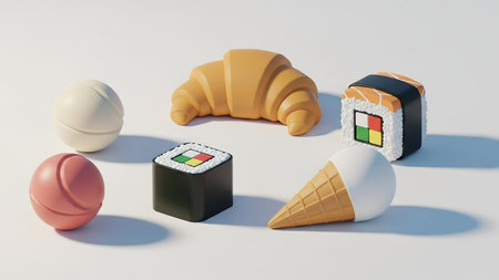 A collection of stylized 3D food icons including a croissant, sushi, ice cream cone, and donut on a white background.の素材