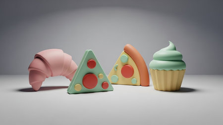 Cupcake showing whimsical 3d rendered assortment of stylized pastries and fast food icons keywords: 3d, rendering, food, pastries, fast food,...の素材