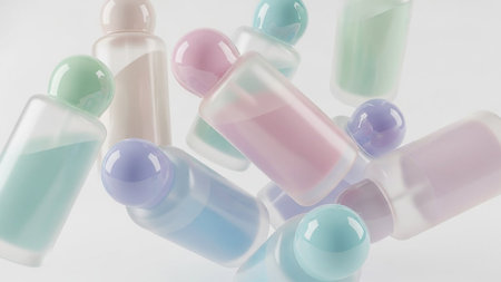 An abstract arrangement of translucent pastel-colored bottles and spheres floating against a clean, bright background.の素材
