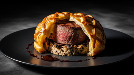Image showing beef wellington with mushroom duxelles and golden puff pastry crust on dark plate. High resolution image suitable for commercial use.の素材