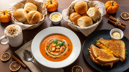A cozy autumn meal featuring a bowl of tomato soup, a grilled cheese sandwich, dinner rolls, and a warm beverage, decorated with pumpkins and cinnamon.の素材