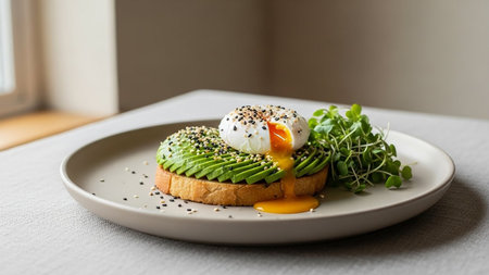 Seeds showing avocado toast with poached egg and microgreens on a plate keywords: avocado toast, poached egg, microgreens, breakfast, brunch,...の素材
