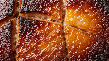 A close-up macro shot reveals the glistening, glazed, and scored skin of a perfectly roasted pork belly.の素材