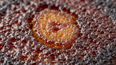 Crust showing close up macro shot of bubbling caramel sauce with a golden brown crust keywords: caramel, sauce, sugar, sweet, dessert, food,...の素材
