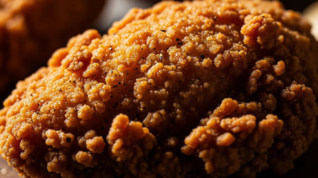 Extreme close-up of the crispy, golden-brown, textured coating of a piece of fried chicken.の素材