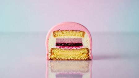 A detailed cross-section of a pink frosted cake revealing layers of cream, berry filling, and sponge cake.の素材