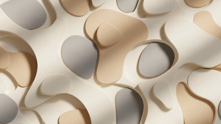 Abstract organic shapes in neutral beige, cream, and gray tones with soft shadows create a tranquil, modern...の素材