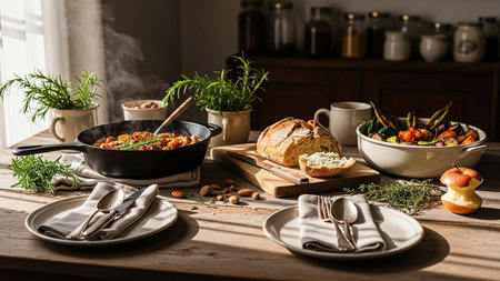 A rustic dinner scene with a steaming pot of stew, fresh bread, roasted vegetables, and place settings bathed in warm sunlight.の素材