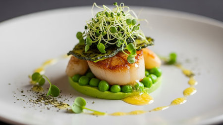 A single seared scallop rests on a bed of bright green pea puree, adorned with microgreens and delicate zucchini ribbons, presented on a white plate.の素材