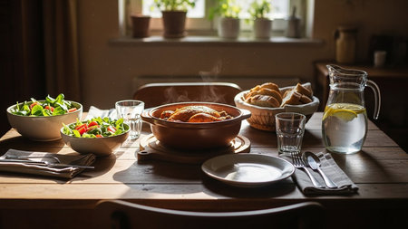 A sunlit wooden table set for a meal featuring a roasted chicken, fresh salad, bread, and water with lemon, creating a warm and inviting atmosphere.の素材