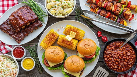 A spread of barbecue food including ribs, burgers, corn on the cob, potato salad, coleslaw, and baked beans on a wooden table.の素材