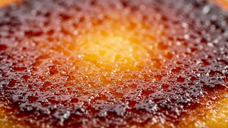 Extreme close-up of a caramelized sugar crust with a glossy, textured surface and a warm golden glow in the center.の素材