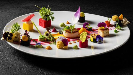 An elaborate white platter displays a variety of miniature gourmet appetizers adorned with edible flowers and microgreens, showcasing artistic food...の素材