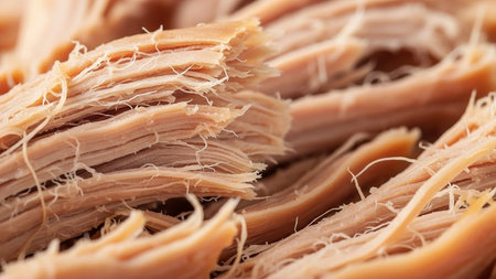 An extreme close-up shot revealing the fibrous texture of shredded cooked pork, highlighting its delicate strands and savory appearance.の素材