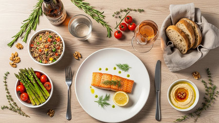 An elegant salmon dinner is presented on a white plate with sides of quinoa, asparagus, tomatoes, bread, and hummus on a rustic wooden table.の素材