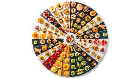 Artistic showing circular arrangement of colorful mini appetizers and canapの素材