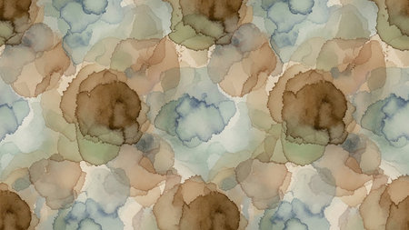 Seamless pattern of watercolor ink splatters and washes in muted earth tones creating an organic texture.の素材