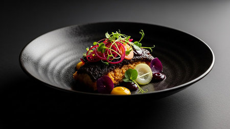 A beautifully plated gourmet fish dish with vibrant microgreens, thinly sliced red onion, and purple edible flowers on a dark plate.の素材