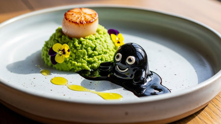Image showing gourmet scallop dish with pea puree and black character garnish. High resolution image suitable for commercial use.の素材