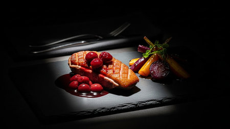 A perfectly cooked duck breast topped with cherries and served with vibrant roasted vegetables on a dark slate plate under dramatic lighting.の素材