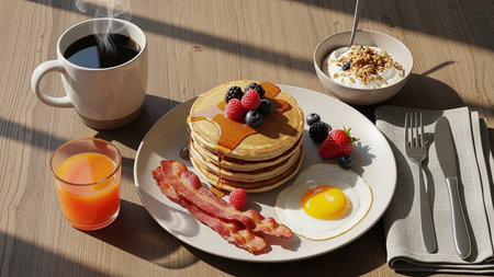 A hearty breakfast spread featuring pancakes, bacon, a fried egg, coffee, orange juice, and yogurt with granola on a wooden table.の素材