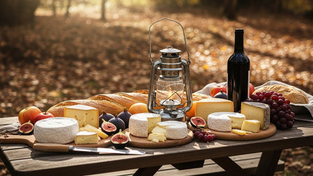 An abundant outdoor picnic spread featuring various cheeses, fruits, bread, wine, and a lit lantern on a table.の素材