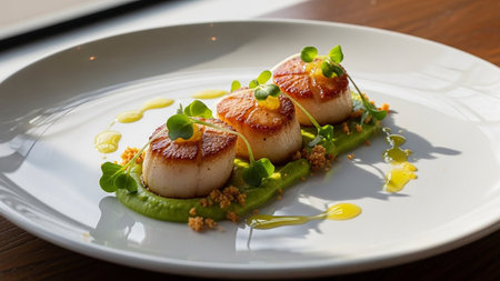 Three seared scallops are presented on a vibrant green pea puree, garnished with microgreens and a drizzle of yellow oil.の素材