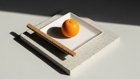 A single orange and a long biscuit stick are artfully arranged on a white square plate atop a textured geometric base.の素材
