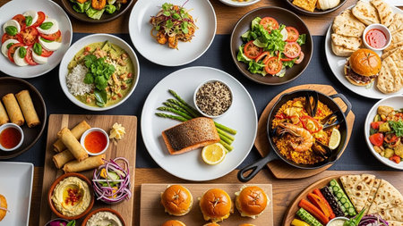 An abundant buffet table displays a wide variety of dishes including paella, mini burgers, salmon, salads, spring rolls, and breads from a top-down...の素材